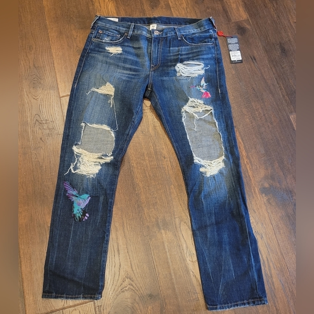True Religion Distressed Boyfriend Jeans with Hummingbird Embroidery - Dark Blue